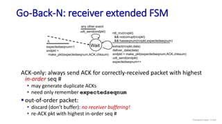 Go-Back-N: receiver extended FSM
Transport Layer: 3-142
Wait
rdt_rcv(rcvpkt)
&& notcorrupt(rcvpkt)
&& hasseqnum(rcvpkt,expectedseqnum)
extract(rcvpkt,data)
deliver_data(data)
sndpkt = make_pkt(expectedseqnum,ACK,chksum)
udt_send(sndpkt)
expectedseqnum++
udt_send(sndpkt)
any other event
expectedseqnum=1
sndpkt =
make_pkt(expectedseqnum,ACK,chksum)
L
ACK-only: always send ACK for correctly-received packet with highest
in-order seq #
• may generate duplicate ACKs
• need only remember expectedseqnum
 out-of-order packet:
• discard (don’t buffer): no receiver buffering!
• re-ACK pkt with highest in-order seq #
 