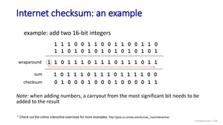 Internet checksum: an example
example: add two 16-bit integers
sum
checksum
Note: when adding numbers, a carryout from the most significant bit needs to be
added to the result
* Check out the online interactive exercises for more examples: http://gaia.cs.umass.edu/kurose_ross/interactive/
1 1 1 0 0 1 1 0 0 1 1 0 0 1 1 0
1 1 0 1 0 1 0 1 0 1 0 1 0 1 0 1
1 1 0 1 1 1 0 1 1 1 0 1 1 1 0 1 1
wraparound
1 0 1 1 1 0 1 1 1 0 1 1 1 1 0 0
0 1 0 0 0 1 0 0 0 1 0 0 0 0 1 1
Transport Layer: 3-38
 
