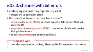 rdt2.0: channel with bit errors
 underlying channel may flip bits in packet
• checksum to detect bit errors
 the question: how to recover from errors?
• acknowledgements (ACKs): receiver explicitly tells sender that pkt
received OK
• negative acknowledgements (NAKs): receiver explicitly tells sender
that pkt had errors
• sender retransmits pkt on receipt of NAK
stop and wait
sender sends one packet, then waits for receiver response
Transport Layer: 3-50
 