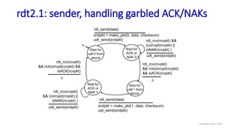 rdt2.1: sender, handling garbled ACK/NAKs
Wait for
call 0 from
above
Wait for
ACK or
NAK 0
sndpkt = make_pkt(0, data, checksum)
udt_send(sndpkt)
rdt_send(data)
udt_send(sndpkt)
rdt_rcv(rcvpkt) &&
(corrupt(rcvpkt) ||
isNAK(rcvpkt) )
sndpkt = make_pkt(1, data, checksum)
udt_send(sndpkt)
rdt_send(data)
udt_send(sndpkt)
rdt_rcv(rcvpkt)
&& (corrupt(rcvpkt) ||
isNAK(rcvpkt) )
Wait for
call 1 from
above
Wait for
ACK or
NAK 1
rdt_rcv(rcvpkt)
&& notcorrupt(rcvpkt)
&& isACK(rcvpkt)
L
rdt_rcv(rcvpkt)
&& notcorrupt(rcvpkt) &&
isACK(rcvpkt)
L
Transport Layer: 3-56
 