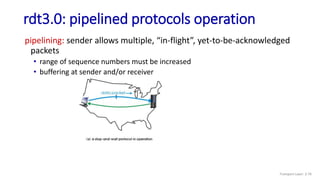 rdt3.0: pipelined protocols operation
pipelining: sender allows multiple, “in-flight”, yet-to-be-acknowledged
packets
• range of sequence numbers must be increased
• buffering at sender and/or receiver
Transport Layer: 3-70
 