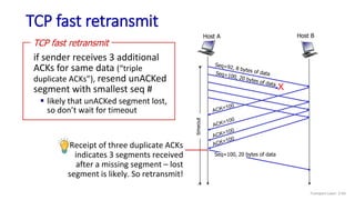TCP fast retransmit
Host B
Host A
timeout
X
Seq=100, 20 bytes of data
Receipt of three duplicate ACKs
indicates 3 segments received
after a missing segment – lost
segment is likely. So retransmit!
if sender receives 3 additional
ACKs for same data (“triple
duplicate ACKs”), resend unACKed
segment with smallest seq #
 likely that unACKed segment lost,
so don’t wait for timeout
TCP fast retransmit
Transport Layer: 3-93
 