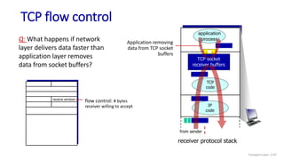 TCP flow control
application
process
TCP socket
receiver buffers
TCP
code
IP
code
receiver protocol stack
Q: What happens if network
layer delivers data faster than
application layer removes
data from socket buffers?
from sender
Application removing
data from TCP socket
buffers
receive window
flow control: # bytes
receiver willing to accept
Transport Layer: 3-97
 