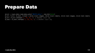 Prepare Data
mnist = input_data.read_data_sets("MNIST_data/", one_hot=False)
X_trn, Y_trn, X_test, Y_test = mnist.train.images, mnist.train.labels, mnist.test.images, mnist.test.labels
X_trn = X_trn.reshape(-1, 28, 28, 1) # 28x28x1 input img
X_test = X_test.reshape(-1, 28, 28, 1) # 28x28x1 input img
© Junho Cho, 2016 119
 