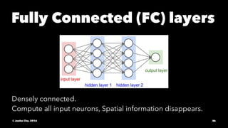 Fully Connected (FC) layers
Densely connected.
Compute all input neurons, Spatial information disappears.
© Junho Cho, 2016 46
 