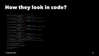 How they look in code?
def model(X, w, w2, w3, w4, w_o, p_keep_conv, p_keep_hidden):
l1a = tf.nn.relu(tf.nn.conv2d(X, w,
strides=[1, 1, 1, 1], padding='SAME'))
# l1a output shape=(?, input_height, input_width, number_of_channels_layer1)
l1 = tf.nn.max_pool(l1a, ksize=[1, 2, 2, 1],
strides=[1, 2, 2, 1], padding='SAME')
# l1 output shape=(?, input_height/2, input_width/2, number_of_channels_layer1)
l1 = tf.nn.dropout(l1, p_keep_conv)
l2a = tf.nn.relu(tf.nn.conv2d(l1, w2,
strides=[1, 1, 1, 1], padding='SAME'))
# l2a output shape=(?, input_height/2, input_width/2, number_of_channels_layer2)
l2 = tf.nn.max_pool(l2a, ksize=[1, 2, 2, 1],
strides=[1, 2, 2, 1], padding='SAME')
# l2 shape=(?, input_height/4, input_width/4, number_of_channels_layer2)
l2 = tf.nn.dropout(l2, p_keep_conv)
l3a = tf.nn.relu(tf.nn.conv2d(l2, w3,
strides=[1, 1, 1, 1], padding='SAME'))
# l3a shape=(?, input_height/4, input_width/4, number_of_channels_layer3)
l3 = tf.nn.max_pool(l3a, ksize=[1, 2, 2, 1],
strides=[1, 2, 2, 1], padding='SAME')
# l3 shape=(?, input_height/8, input_width/8, number_of_channels_layer3)
l3 = tf.reshape(l3, [-1, w4.get_shape().as_list()[0]])
# flatten to (?, input_height/8 * input_width/8 * number_of_channels_layer3)
l3 = tf.nn.dropout(l3, p_keep_conv)
l4 = tf.nn.relu(tf.matmul(l3, w4))
#fully connected_layer
l4 = tf.nn.dropout(l4, p_keep_hidden)
pyx = tf.matmul(l4, w_o)
return pyx
© Junho Cho, 2016 91
 