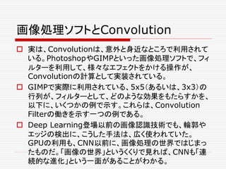画像処理ソフトとConvolution
 実は、Convolutionは、意外と身近なところで利用されて
いる。PhotoshopやGIMPといった画像処理ソフトで、フィ
ルターを利用して、様々なエフェクトをかける操作が、
Convolutionの計算として実装されている。
 GIMPで実際に利用されている、5x5（あるいは、3x3）の
行列が、フィルターとして、どのような効果をもたらすかを、
以下に、いくつかの例で示す。これらは、Convolution
Filterの働きを示す一つの例である。
 Deep Learning登場以前の画像認識技術でも、輪郭や
エッジの検出に、こうした手法は、広く使われていた。
GPUの利用も、CNN以前に、画像処理の世界ではじまっ
たものだ。「画像の世界」というくくりで見れば、CNNも「連
続的な進化」という一面があることがわかる。
 