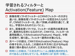 学習されるフィルターと
Activation(Feature) Map
 画像処理ソフトのフィルターとCNNのフィルターの大きな
違いは、画像処理ソフトのフィルターは固定されたものだ
が、CNNのフィルターは、長い「訓練」の過程を通じて、変
化し、学習されるものだということ。
 また、画像処理ソフトでは、フィルターの適用の結果自体
が、最終的な目的になるのだが、CNNでは、フィルターの
適用結果としてのActivation(Feature) Mapは、中間
生成物で、繰り返し、フィルター適用の対象となる。
 次ページの図は、CNNでのActivation(Feature) Map
の様子を示したもの。この図の水平方向に広がるMapを
垂直に積み重ねたものが、三次元の立方体になる。
 同時にこの絵は、「三次元ボリューム」描像も相対的なも
のであることを知らせている。本質的には「並列・分散」...
 
