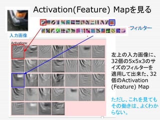 Activation(Feature) Mapを見る
入力画像
フィルター
左上の入力画像に、
32個の5x5x3のサ
イズのフィルターを
適用して出来た、32
個のActivation
(Feature) Map
ただし、これを見ても
その働きは、よくわか
らない。
 
