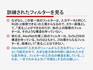 訓練されたフィルターを見る
 なぜなら、この第一段のフィルターは、入力データと同じく、
RGB（と解釈できる）の三層からなるので、カラー画像とし
て、「見る」ことができるのだが、他の上の階層のフィル
ターは、そのような構造を持っていない。
 例えば、AlexNetの第二段のフィルターは、5x5x256の
構造を持っている。5x5はともかく、256層からなるフィル
ターを、画像として「見る」ことはできない。
 AlexNetの「三次元ボリュームから三次元ボリュームへ」
という図式の中で、大きな直方体の内部に描かれた小さ
な直方体は、フィルターの三次元の構造を表している。こ
れを、一目でわかるように「可視化」するのは難しい。
 