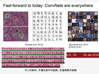 ガンの検知、手書き漢字の認識、交通標識の認識
 