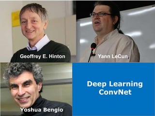 Geoffrey E. Hinton
Geoffrey E. Hinton Yann LeCun,
Yoshua Bengio
Deep Learning
ConvNet
 