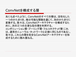 ConvNetを構成する層
先にも述べたように、ConvNetのすべての層は、活性化した
一つのかたまりを、微分可能な関数を通じて、別のかたまりに
変換する。我々は、ConvNetアーキテクチャーを構成するた
めに、次の三つの主要な型の層を利用する。
コンボリューション層・プーリング層・フルコネクテッド層（これ
は、通常のニューラル・ネットワークと正確に同じものである）。
我々は、これらの層を完全なConvNetアーキテクチャーを形
成するために積み重ねる。
 