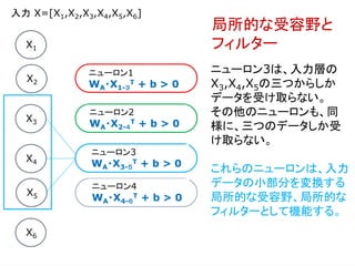 X1
X2
X3
X4
X5
X6
ニューロン1
WA・X1-３
T + b > 0
ニューロン2
WA・X2-４
T + b > 0
ニューロン3
WA・X3-５
T + b > 0
ニューロン4
WA・X4-６
T + b > 0
入力 X=[X1,X2,X3,X4,X5,X6]
ニューロン3は、入力層の
X3,X4,X5の三つからしか
データを受け取らない。
その他のニューロンも、同
様に、三つのデータしか受
け取らない。
これらのニューロンは、入力
データの小部分を変換する
局所的な受容野、局所的な
フィルターとして機能する。
局所的な受容野と
フィルター
 