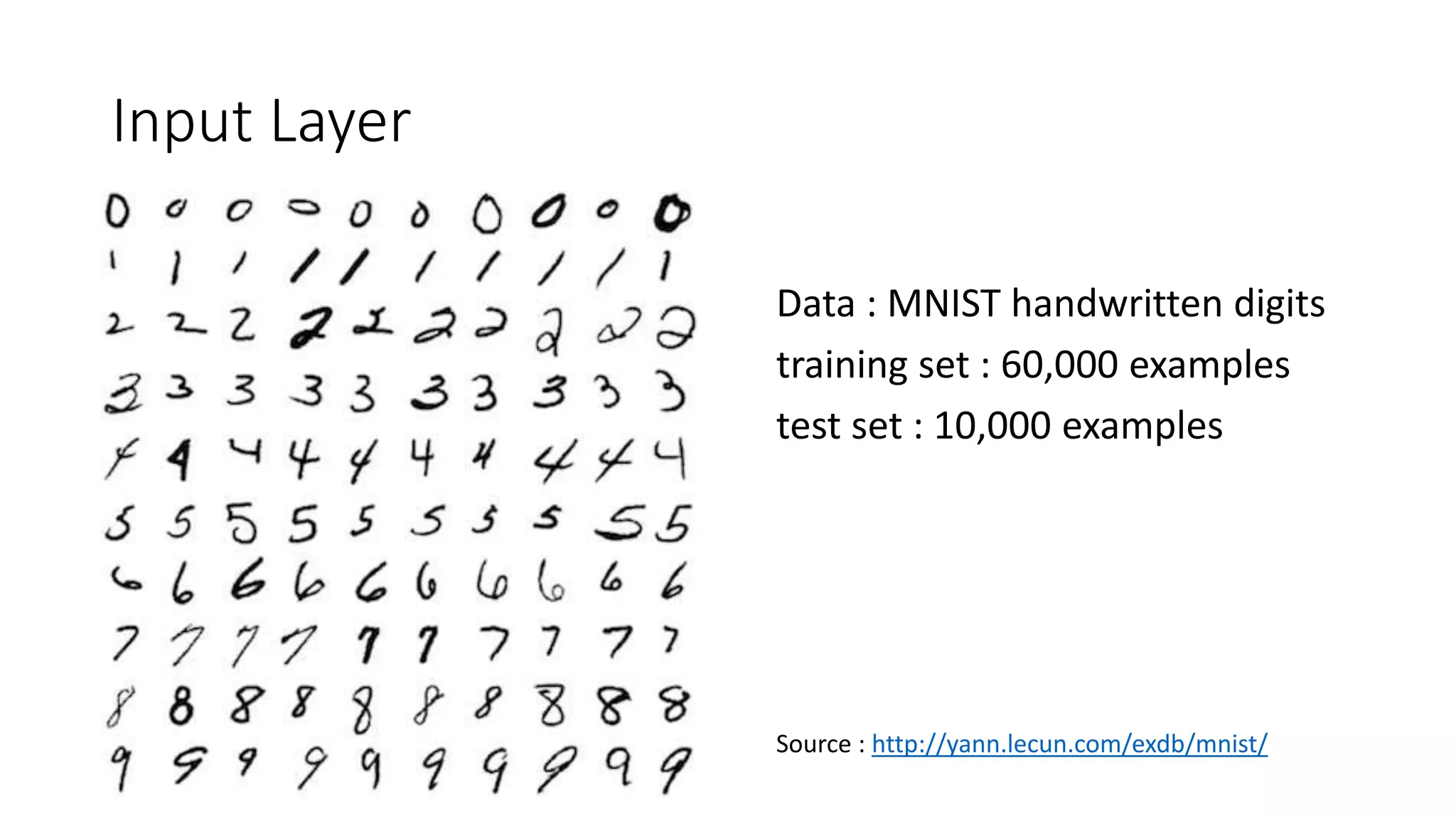 Input Layer
Data : MNIST handwritten digits
training set : 60,000 examples
test set : 10,000 examples
Source : http://yann.lecun.com/exdb/mnist/
 