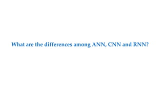 What are the differences among ANN, CNN and RNN?
 