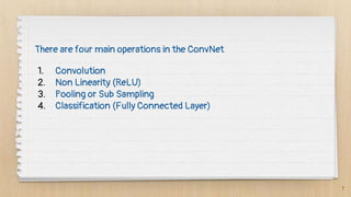 7
There are four main operations in the ConvNet
1. Convolution
2. Non Linearity (ReLU)
3. Pooling or Sub Sampling
4. Classification (Fully Connected Layer)
 