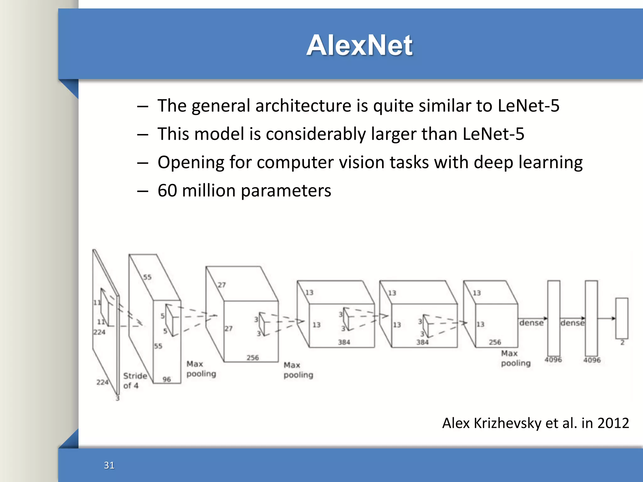 AlexNet
– The general architecture is quite similar to LeNet-5
– This model is considerably larger than LeNet-5
– Opening for computer vision tasks with deep learning
– 60 million parameters
31
Alex Krizhevsky et al. in 2012
 
