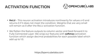 ACTIVATION FUNCTION
https://opencubelabs.com
●
ReLU – This neuron activation introduces nonlinearity for values x>0 and
returns 0 if it does not meet the condition. Weights that are very small
will remain as 0 after the ReLU activation function.
●
We flatten the feature outputs to column vector and feed-forward it to
Fully Connected Layer. We wrap our features with softmax activation
function which assign decimal probabilities for each possible label which
add up to 1.0.
 