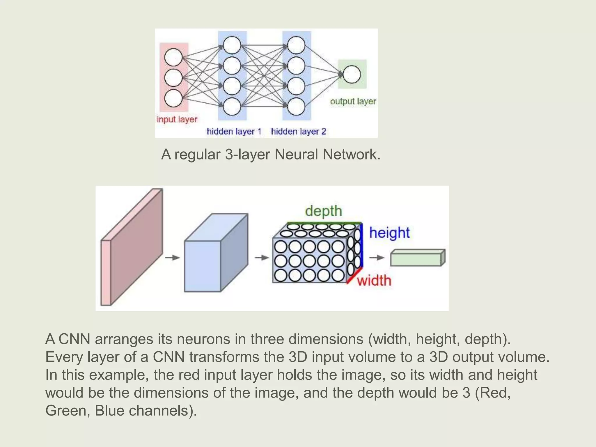A CNN arranges its neurons in three dimensions (width, height, depth).
Every layer of a CNN transforms the 3D input volume to a 3D output volume.
In this example, the red input layer holds the image, so its width and height
would be the dimensions of the image, and the depth would be 3 (Red,
Green, Blue channels).
A regular 3-layer Neural Network.
 