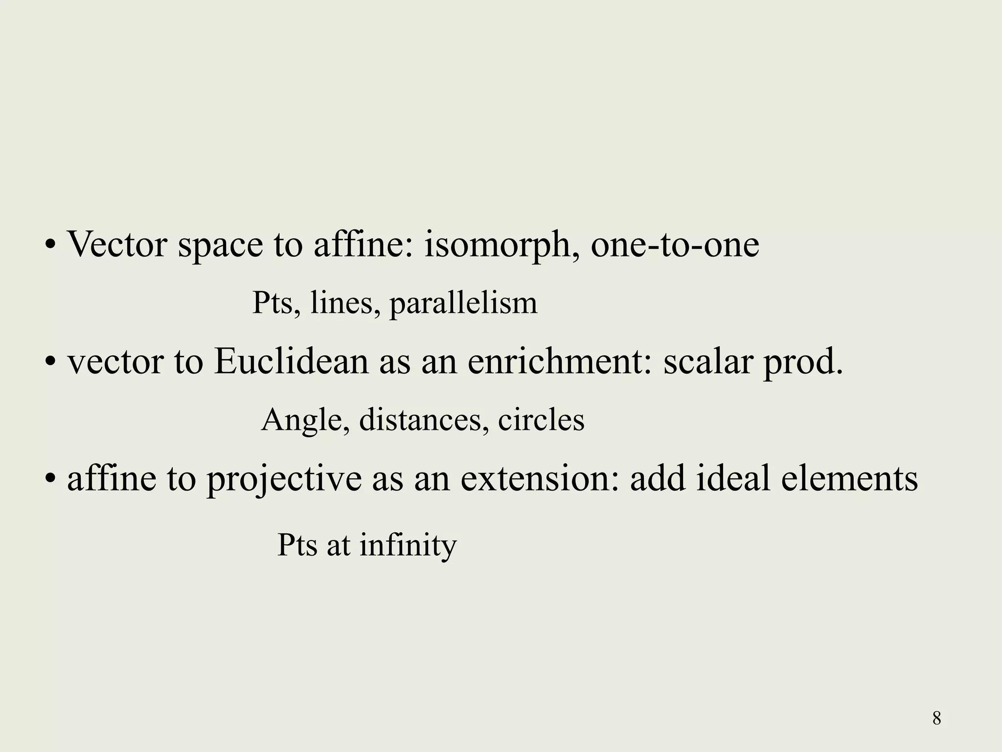 8
• Vector space to affine: isomorph, one-to-one
• vector to Euclidean as an enrichment: scalar prod.
• affine to projective as an extension: add ideal elements
Pts, lines, parallelism
Angle, distances, circles
Pts at infinity
 