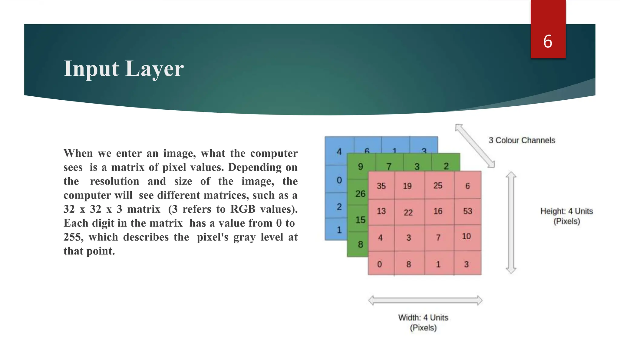 Input Layer When we enter an image, what the computer sees is a matrix of pixel values. Depending on the resolution and size of the image, the computer will see different matrices, such as a 32 x 32 x 3 matrix (3 refers to RGB values). Each digit in the matrix has a value from 0 to 255, which describes the pixel's gray level at that point. 6 