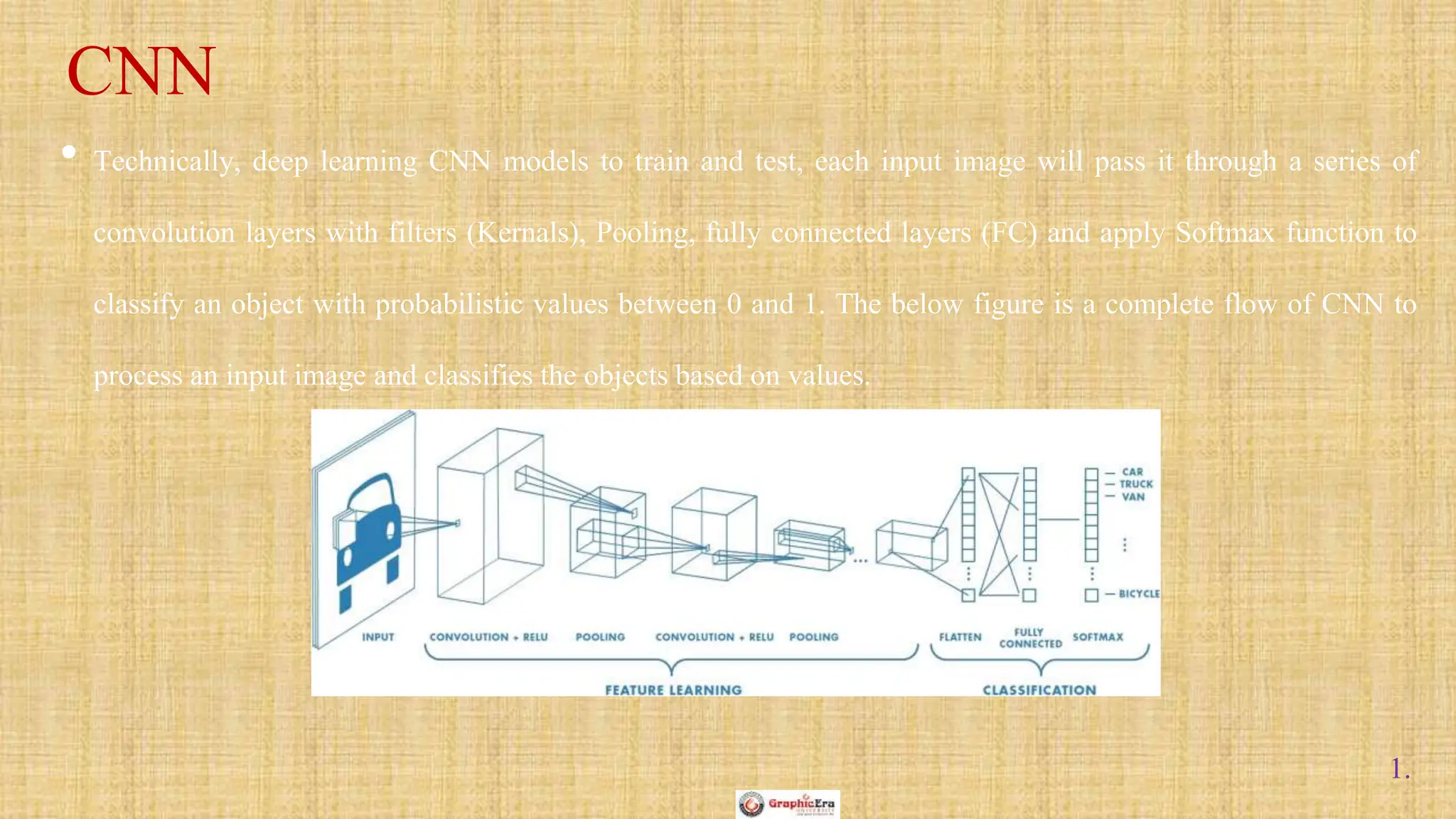 1.
• Technically, deep learning CNN models to train and test, each input image will pass it through a series of
convolution layers with filters (Kernals), Pooling, fully connected layers (FC) and apply Softmax function to
classify an object with probabilistic values between 0 and 1. The below figure is a complete flow of CNN to
process an input image and classifies the objects based on values.
CNN
 