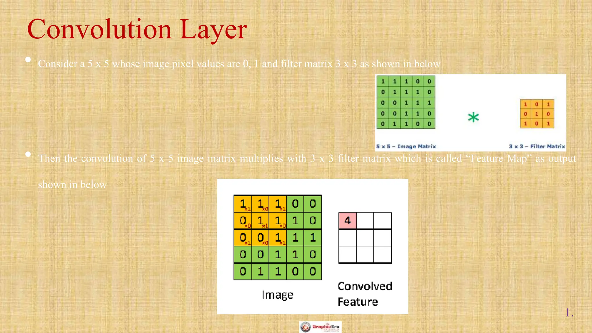 1.
• Consider a 5 x 5 whose image pixel values are 0, 1 and filter matrix 3 x 3 as shown in below
• Then the convolution of 5 x 5 image matrix multiplies with 3 x 3 filter matrix which is called “Feature Map” as output
shown in below
Convolution Layer
 