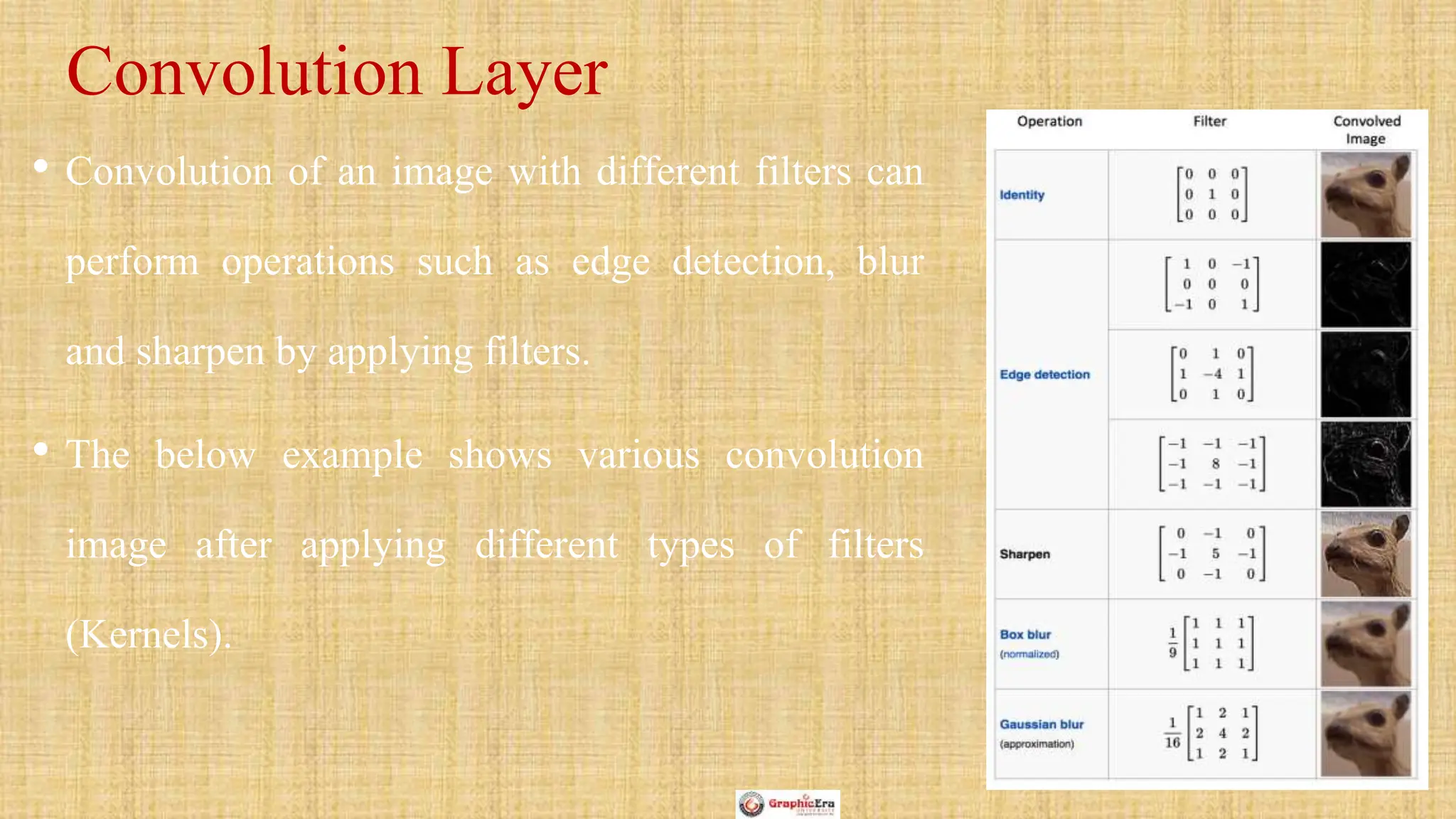 1.
• Convolution of an image with different filters can
perform operations such as edge detection, blur
and sharpen by applying filters.
• The below example shows various convolution
image after applying different types of filters
(Kernels).
Convolution Layer
 