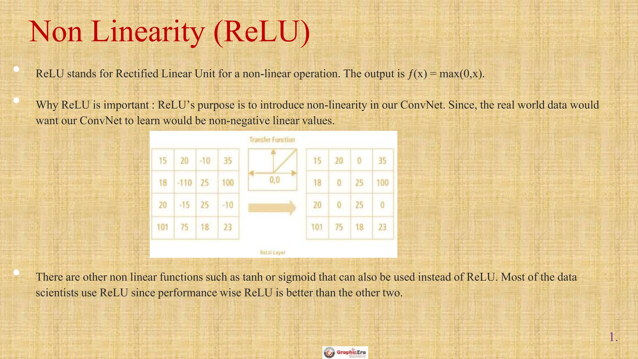 1.
• ReLU stands for Rectified Linear Unit for a non-linear operation. The output is ƒ(x) = max(0,x).
• Why ReLU is important : ReLU’s purpose is to introduce non-linearity in our ConvNet. Since, the real world data would
want our ConvNet to learn would be non-negative linear values.
• There are other non linear functions such as tanh or sigmoid that can also be used instead of ReLU. Most of the data
scientists use ReLU since performance wise ReLU is better than the other two.
Non Linearity (ReLU)
 