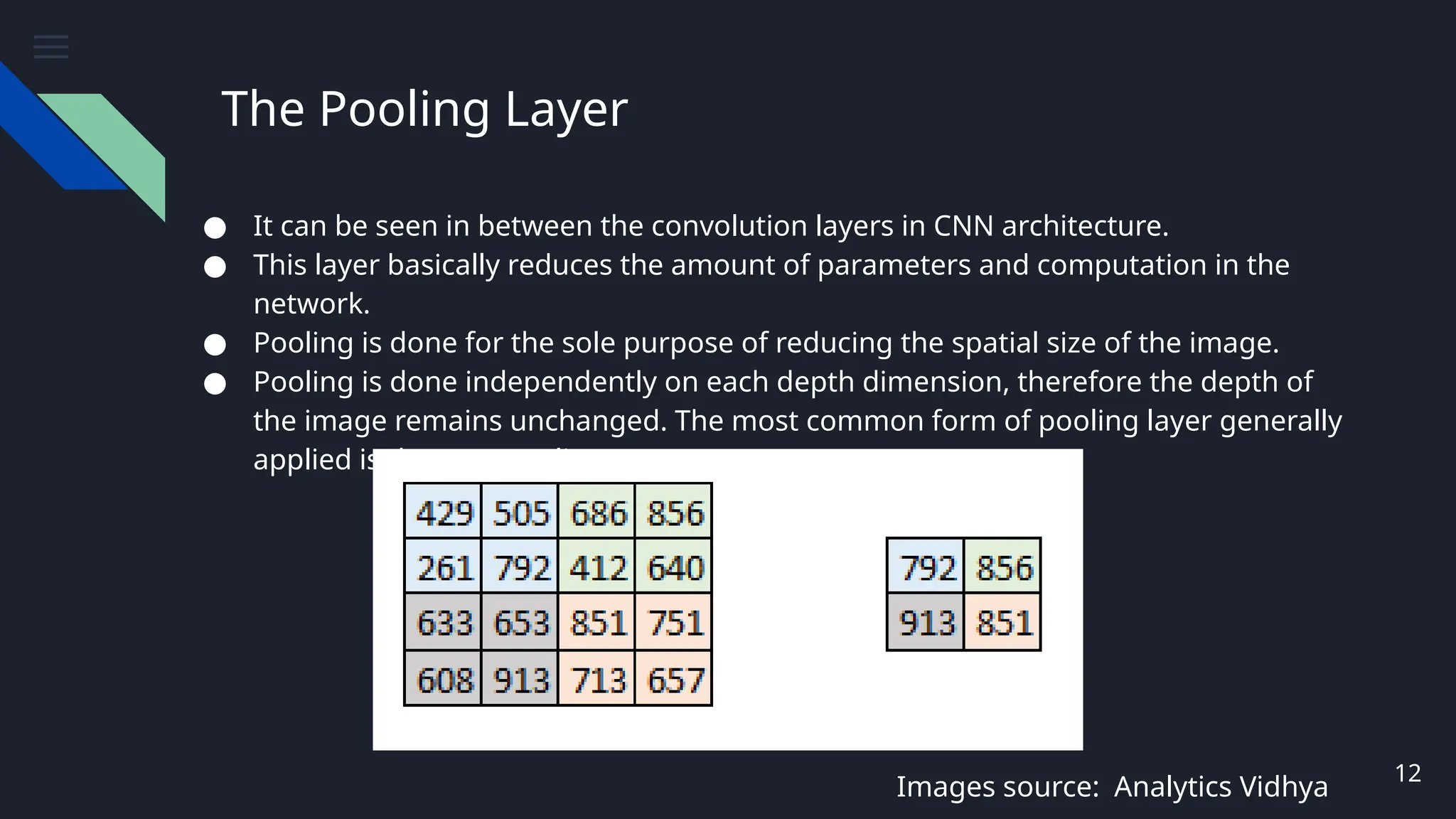 The Pooling Layer
● It can be seen in between the convolution layers in CNN architecture.
● This layer basically reduces the amount of parameters and computation in the
network.
● Pooling is done for the sole purpose of reducing the spatial size of the image.
● Pooling is done independently on each depth dimension, therefore the depth of
the image remains unchanged. The most common form of pooling layer generally
applied is the max pooling.
12
Images source: Analytics Vidhya
 