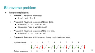 Bit reverse problem
● Problem definition:
○ Problem 1: Reverse a binary digit.
■ 0 → 1 and 1 → 0
○ Problem 2: Reverse a sequence of binary digits.
■ 0 1 0 1 0 0 1 → 1 0 1 0 1 1 0
■ Sequence: Fixed or Variable length
○ Problem 3: Reverse a sequence of bits over time.
■ 0 1 0 1 0 0 1 → 1 0 1 0 1 1 0
○ Problem 4: Reverse a bit if the current i/p and previous o/p are same.
Input sequence 1 1 0 0 1 0 0 0 1 1
Output sequence 1 0 1 0 1 0 1 0 1 0
39
 