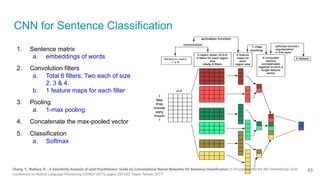 Zhang, Y., Wallace, B. ; A Sensitivity Analysis of (and Practitioners’ Guide to) Convolutional Neural Networks for Sentence Classiﬁcation; In Proceedings of the 8th International Joint
Conference on Natural Language Processing (IJCNLP-2017); pages 253-263; Taipie, Taiwan; 2017.
1. Sentence matrix
a. embeddings of words
2. Convolution filters
a. Total 6 filters; Two each of size
2, 3 & 4.
b. 1 feature maps for each filter
3. Pooling
a. 1-max pooling
4. Concatenate the max-pooled vector
5. Classification
a. Softmax
CNN for Sentence Classification
63
 