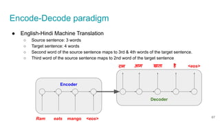 Encode-Decode paradigm
Decoder
Encoder
Ram eats mango
राम आम खाता
<eos>
है <eos>
● English-Hindi Machine Translation
○ Source sentence: 3 words
○ Target sentence: 4 words
○ Second word of the source sentence maps to 3rd & 4th words of the target sentence.
○ Third word of the source sentence maps to 2nd word of the target sentence
67
 