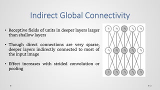 Indirect Global Connectivity
37
• Receptive fields of units in deeper layers larger
than shallow layers
• Though direct connections are very sparse,
deeper layers indirectly connected to most of
the input image
• Effect increases with strided convolution or
pooling
 