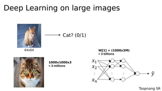 Tsopnang SR
Deep Learning on large images
Cat? (0/1)
 
 
 
 
    
64x64
1000x1000x3
= 3 millions
W[1] = (1000x3M)
= 3 billions
 