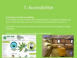 7. Accessibilitat
El cànnabis és de fàcil accessibilitat
En l’actualitat, l’ús del cànnabis està molt generalitzat, i l’adquisició d’aquest està
molt a l’abast dels joves, cosa que incrementa les possibilitats de consumir-ne.

Actualment, es pot comprar marihuana i cànnabis(a part d’altres drogues) a través
d’internet.

També és pot comprar en moltes botigues especialitzades.
 