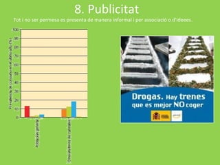 8. Publicitat
Tot i no ser permesa es presenta de manera informal i per associació o d’ideees.
 