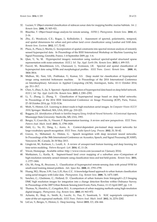 Remote Sens. 2016, 8, 329 20 of 21
32. Lucieer, V. Object-oriented classification of sidescan sonar data for mapping benthic marine habitats. Int. J.
Remote Sens. 2008, 29, 905–921.
33. Blaschke, T. Object based image analysis for remote sensing. ISPRS J. Photogramm. Remote Sens. 2010, 65,
2–16.
34. Zhu, Z.; Woodcock, C.E.; Rogan, J.; Kellndorfer, J. Assessment of spectral, polarimetric, temporal,
and spatial dimensions for urban and peri-urban land cover classification using Landsat and SAR data.
Remote Sens. Environ. 2012, 117, 72–82.
35. Plaza, A.; Plaza, J.; Martin, G. Incorporation of spatial constraints into spectral mixture analysis of remotely
sensed hyperspectral data. In Proceedings of the IEEE International Workshop on Machine Learning for
Signal Processing, Grenoble, France, 1–4 September 2009; pp. 1–6.
36. Qian, Y.; Ye, M. Hyperspectral imagery restoration using nonlocal spectral-spatial structured sparse
representation with noise estimation. IEEE J. Sel. Top. Appl. Earth Obs. Remote Sens. 2013, 6, 499–515.
37. Fauvel, M.; Benediktsson, J.A.; Chanussot, J.; Sveinsson, J.R. Spectral and spatial classification of
hyperspectral data using SVMs and morphological profiles. IEEE Trans. Geosci. Remote Sens. 2008, 46,
3804–3814.
38. Midhun, M.; Nair, S.R.; Prabhakar, V.; Kumar, S.S. Deep model for classification of hyperspectral
image using restricted boltzmann machine. In Proceedings of the 2014 International Conference
on Interdisciplinary Advances in Applied Computing (ACM), Amritapuri, India, 10–11 October 2014;
pp. 35:1–35:7.
39. Chen, Y.; Zhao, X.; Jia, X. Spectral—Spatial classification of hyperspectral data based on deep belief network.
IEEE J. Sel. Top. Appl. Earth Obs. Remote Sens. 2015, 8, 2381–2392.
40. Li, T.; Zhang, J.; Zhang, Y. Classification of hyperspectral image based on deep belief networks.
In Proceedings of the 2014 IEEE International Conference on Image Processing (ICIP), Paris, France,
27–30 October 2014; pp. 5132–5136.
41. Mnih, V.; Hinton, G.E. Learning to detect roads in high-resolution aerial images. In Computer Vision–ECCV
2010; Springer: Medford, MA, USA, 2010; pp. 210–223.
42. Boggess, J.E. Identification of Roads in Satellite Imagery Using Artificial Neural Networks: A Contextual Approach;
Mississippi State University: Starkville, MS, USA, 1993.
43. Bengio, Y.; Courville, A.; Vincent, P. Representation learning: A review and new perspectives. IEEE Trans.
Pattern Anal. Mach. Intell. 2013, 35, 1798–1828.
44. Dahl, G.; Yu, D.; Deng, L.; Acero, A. Context-dependent pre-trained deep neural networks for
large-vocabulary speech recognition. IEEE Trans. Audio Speech Lang. Process. 2012, 20, 30–42.
45. Graves, A.; Mohamed, A.; Hinton, G. Speech recognition with deep recurrent neural networks.
In Proceedings of the 38th International Conference on Acoustics, Speech, and Signal Processing (ICASSP),
Vancouver, BC, Canada, 26–30 May 2013.
46. Längkvist, M.; Karlsson, L.; Loutfi, A. A review of unsupervised feature learning and deep learning for
time-series modeling. Pattern Recognit. Lett. 2014, 42, 11–24.
47. Vricon, Homepage. Available online: http://www.vricon.com (accessed on 3 January 2016).
48. Matikainen, L.; Karila, K. Segment-based land cover mapping of a suburban area—Comparison of
high-resolution remotely sensed datasets using classification trees and test field points. Remote Sens. 2011,
3, 1777–1804.
49. Chi, M.; Feng, R.; Bruzzone, L. Classification of hyperspectral remote-sensing data with primal SVM for
small-sized training dataset problem. Adv. Space Res. 2008, 41, 1793–1799.
50. Huang, M.J.; Shyue, S.W.; Lee, L.H.; Kao, C.C. A knowledge-based approach to urban feature classification
using aerial imagery with Lidar data. Photogramm. Eng. Remote Sens. 2008, 74, 1473–1485.
51. Sanchez, C.; Gladstone, C.; Holland, D. Classification of urban features from Intergraph’s Z/I Imaging
DMC high resolution images for integration into a change detection flowline within Ordnance Survey.
In Proceedings of the 2007 Urban Remote Sensing Joint Event, Paris, France, 11–13 April 2007; pp. 1–8.
52. Thomas, N.; Hendrix, C.; Congalton, R.G. A comparison of urban mapping methods using high-resolution
digital imagery. Photogramm. Eng. Remote Sens. 2003, 69, 963–972.
53. Achanta, R.; Shaji, A.; Smith, K.; Lucchi, A.; Fua, P.; Susstrunk, S. SLIC superpixels compared to
state-of-the-art superpixel methods. IEEE Trans. Pattern Anal. Mach. Intell. 2012, 34, 2274–2282.
54. LeCun, Y.; Bengio, Y.; Hinton, G. Deep learning. Nature 2015, 521, 436–444.
 