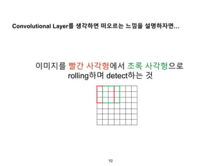 10
이미지를 빨간 사각형에서 초록 사각형으로
rolling하며 detect하는 것
Convolutional Layer를 생각하면 떠오르는 느낌을 설명하자면…
 