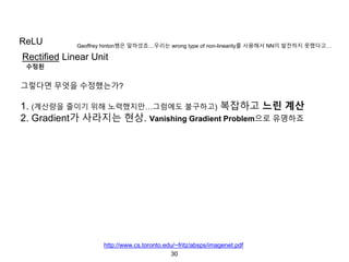 30
ReLU
Rectified Linear Unit
Geoffrey hinton쌤은 말하셨죠…우리는 wrong type of non-linearity를 사용해서 NN이 발전하지 못했다고…
수정된
그렇다면 무엇을 수정했는가?
1. (계산량을 줄이기 위해 노력했지만…그럼에도 불구하고) 복잡하고 느린 계산
2. Gradient가 사라지는 현상. Vanishing Gradient Problem으로 유명하죠
http://www.cs.toronto.edu/~fritz/absps/imagenet.pdf
 
