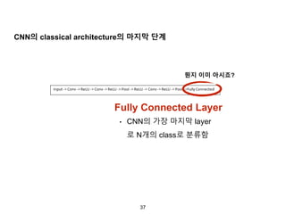 37
Fully Connected Layer
• CNN의 가장 마지막 layer
로 N개의 class로 분류함
CNN의 classical architecture의 마지막 단계
뭔지 이미 아시죠?
 
