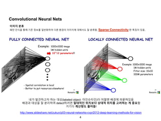 4
Convolutional Neural Nets
이미지 분류
패턴 인식을 통해 기존 정보를 일반화하여 다른 환경의 이미지에 대해서도 잘 분류함. Sparse Connectivity 한 특징이 있음.
http://www.slideshare.net/zukun/p03-neural-networks-cvpr2012-deep-learning-methods-for-vision
내가 발견하고자 하는 대상(labeled object: 아인슈타인)이 어떨땐 배경에 파묻혀있음
배경과 대상을 잘 분리하여 detect하려면 절대적인 위치보다 상대적 위치를 고려하는 게 중요함
거기다 계산량도 줄어듬!
 