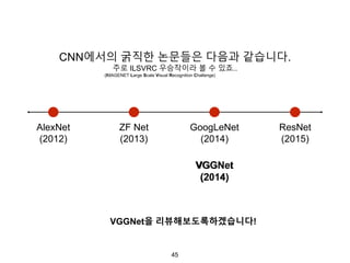 45
CNN에서의 굵직한 논문들은 다음과 같습니다.
주로 ILSVRC 우승작이라 볼 수 있죠..
AlexNet
(2012)
ZF Net
(2013)
GoogLeNet
(2014)
VGGNet
(2014)
ResNet
(2015)
(IMAGENET Large Scale Visual Recognition Challenge)
VGGNet
(2014)
VGGNet을 리뷰해보도록하겠습니다!
 