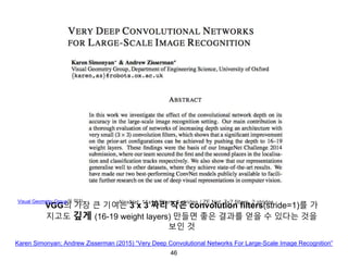 46
Karen Simonyan; Andrew Zisserman (2015) “Very Deep Convolutional Networks For Large-Scale Image Recognition”
VGG의 가장 큰 기여는 3 x 3 짜리 작은 convolution filters(stride=1)를 가
지고도 깊게 (16-19 weight layers) 만들면 좋은 결과를 얻을 수 있다는 것을
보인 것
AlexNet: 11x11 filters, 4 strides / ZF Net: 7x7 filters, 2 stridesVisual Geometry Group의 약자
 