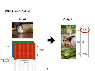 5
CNN: Input과 Output
Input
0~255
Depth(R,G,B)
Channel
Output
0.8
0.15
0.05
cat
dog
bird
Width
Height
 
