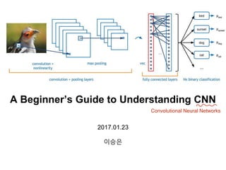 2017.01.23
이승은
A Beginner’s Guide to Understanding CNN
Convolutional Neural Networks
 