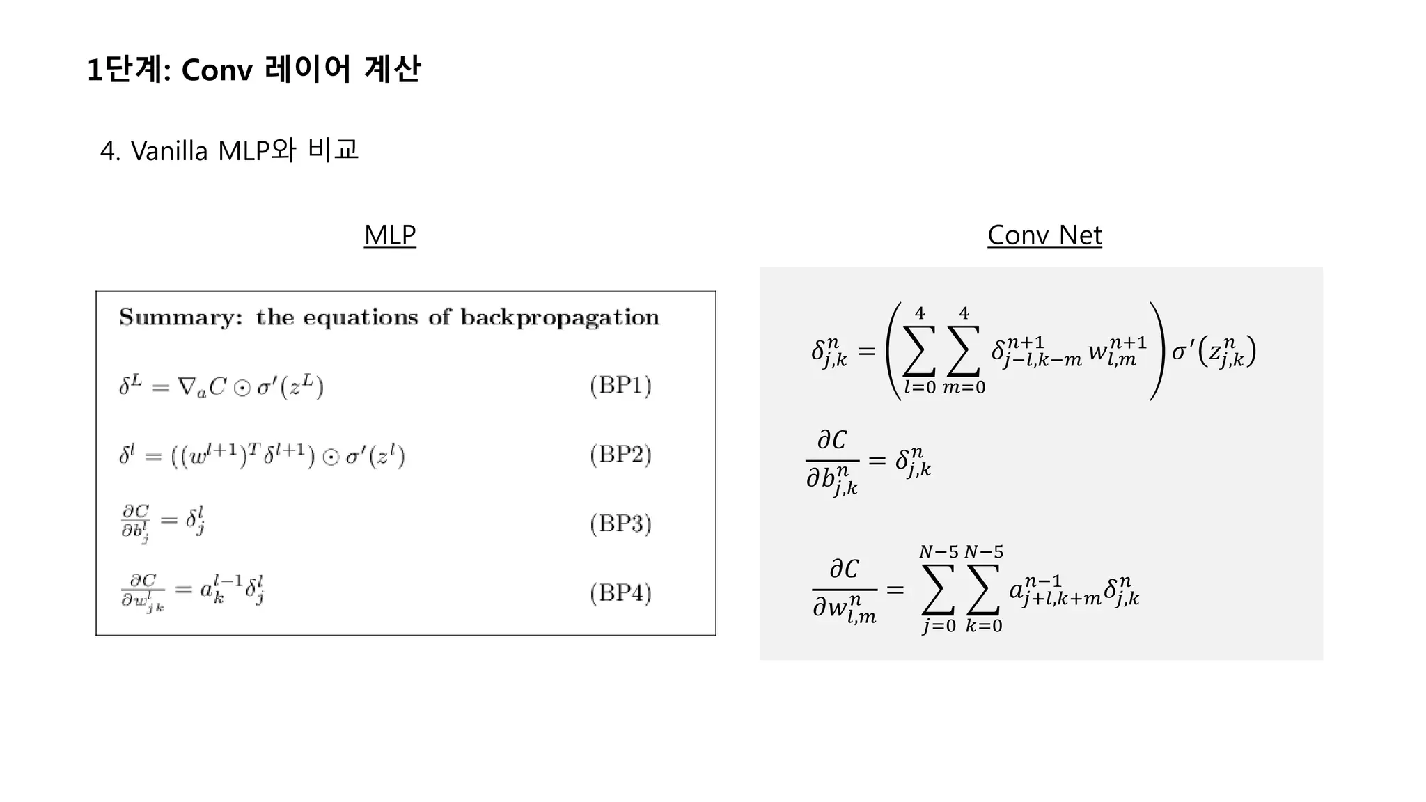 4. Vanilla MLP와 비교
𝛿𝑗,𝑘
𝑛
=
𝑙=0
4
𝑚=0
4
𝛿𝑗−𝑙,𝑘−𝑚
𝑛+1
𝑤𝑙,𝑚
𝑛+1
𝜎′
𝑧𝑗,𝑘
𝑛
𝜕𝐶
𝜕𝑏𝑗,𝑘
𝑛 = 𝛿𝑗,𝑘
𝑛
𝜕𝐶
𝜕𝑤𝑙,𝑚
𝑛 =
𝑗=0
𝑁−5
𝑘=0
𝑁−5
𝑎𝑗+𝑙,𝑘+𝑚
𝑛−1
𝛿𝑗,𝑘
𝑛
1단계: Conv 레이어 계산
MLP Conv Net
 