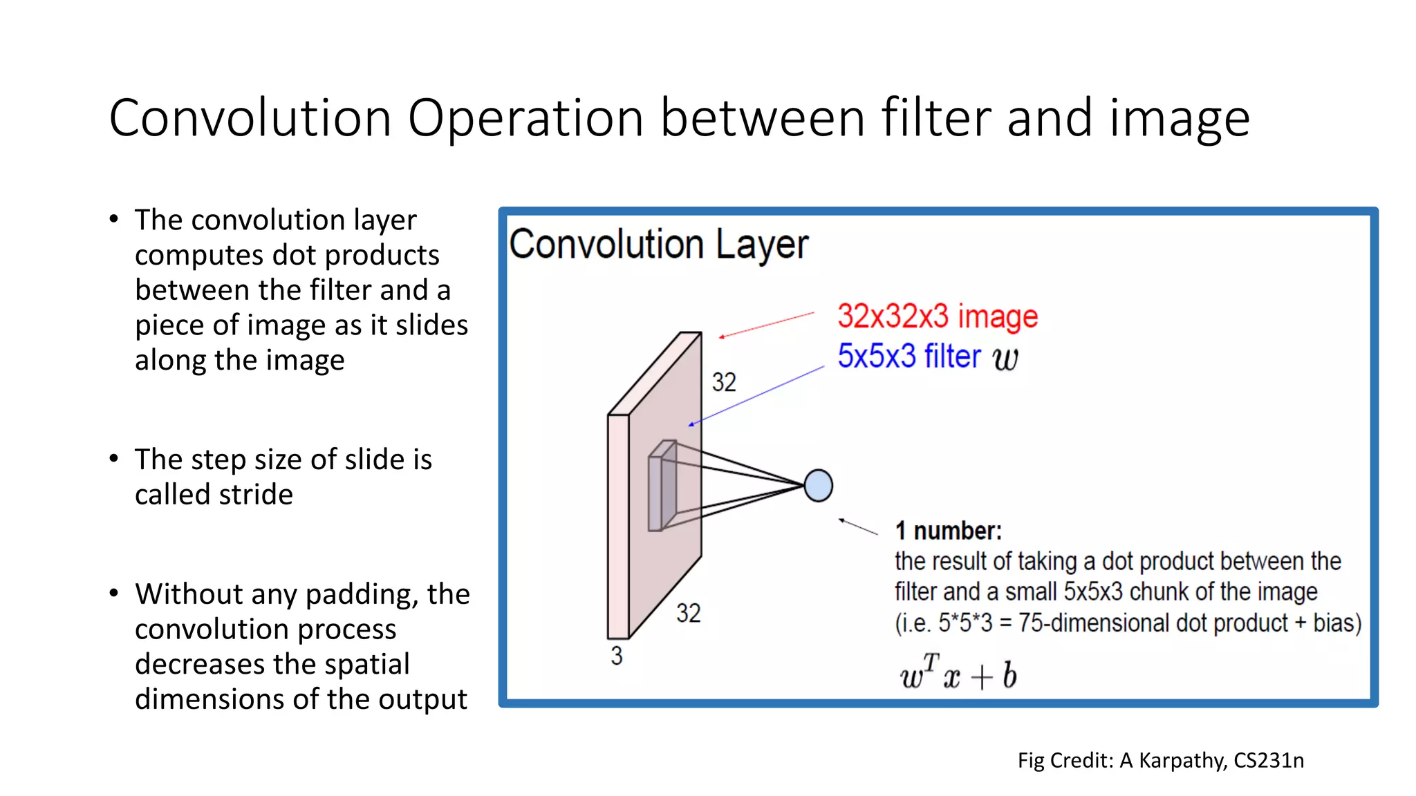 Convolution Operation between filter and image
• The convolution layer
computes dot products
between the filter and a
piece of image as it slides
along the image
• The step size of slide is
called stride
• Without any padding, the
convolution process
decreases the spatial
dimensions of the output
Fig Credit: A Karpathy, CS231n
 