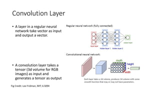 Convolution Layer
• A layer in a regular neural
network take vector as input
and output a vector.
• A convolution layer takes a
tensor (3d volume for RGB
images) as input and
generates a tensor as output
Fig Credit: Lex Fridman, MIT, 6.S094
 
